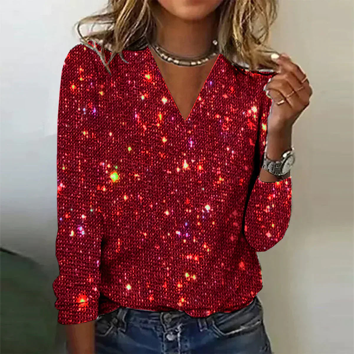 Women's sequin long-sleeve blouse with V-neck