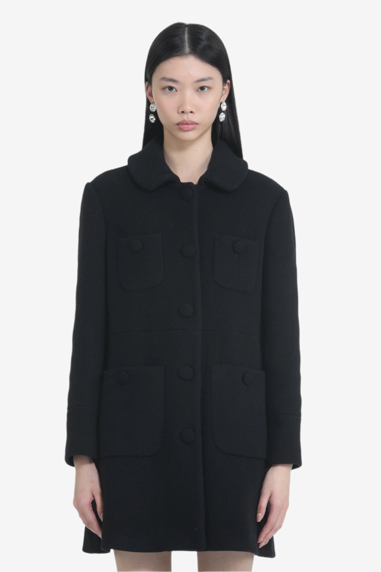 Women's elegant long black coat with high collar