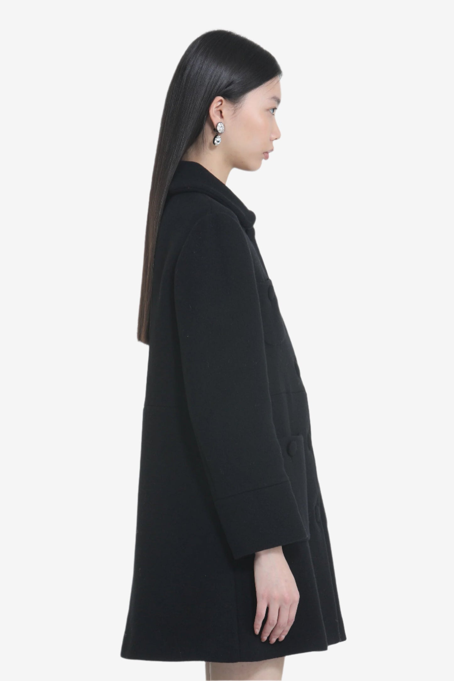 Women's elegant long black coat with high collar