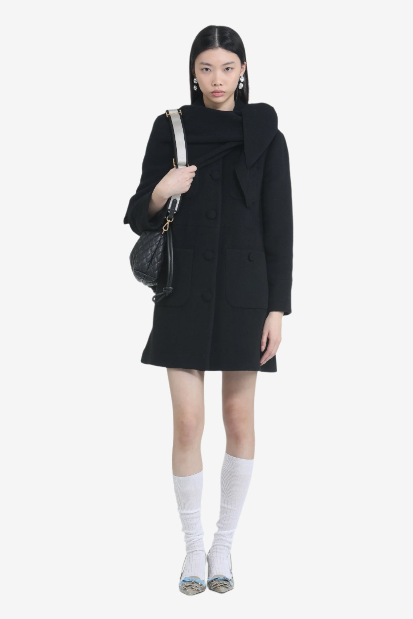 Women's elegant long black coat with high collar