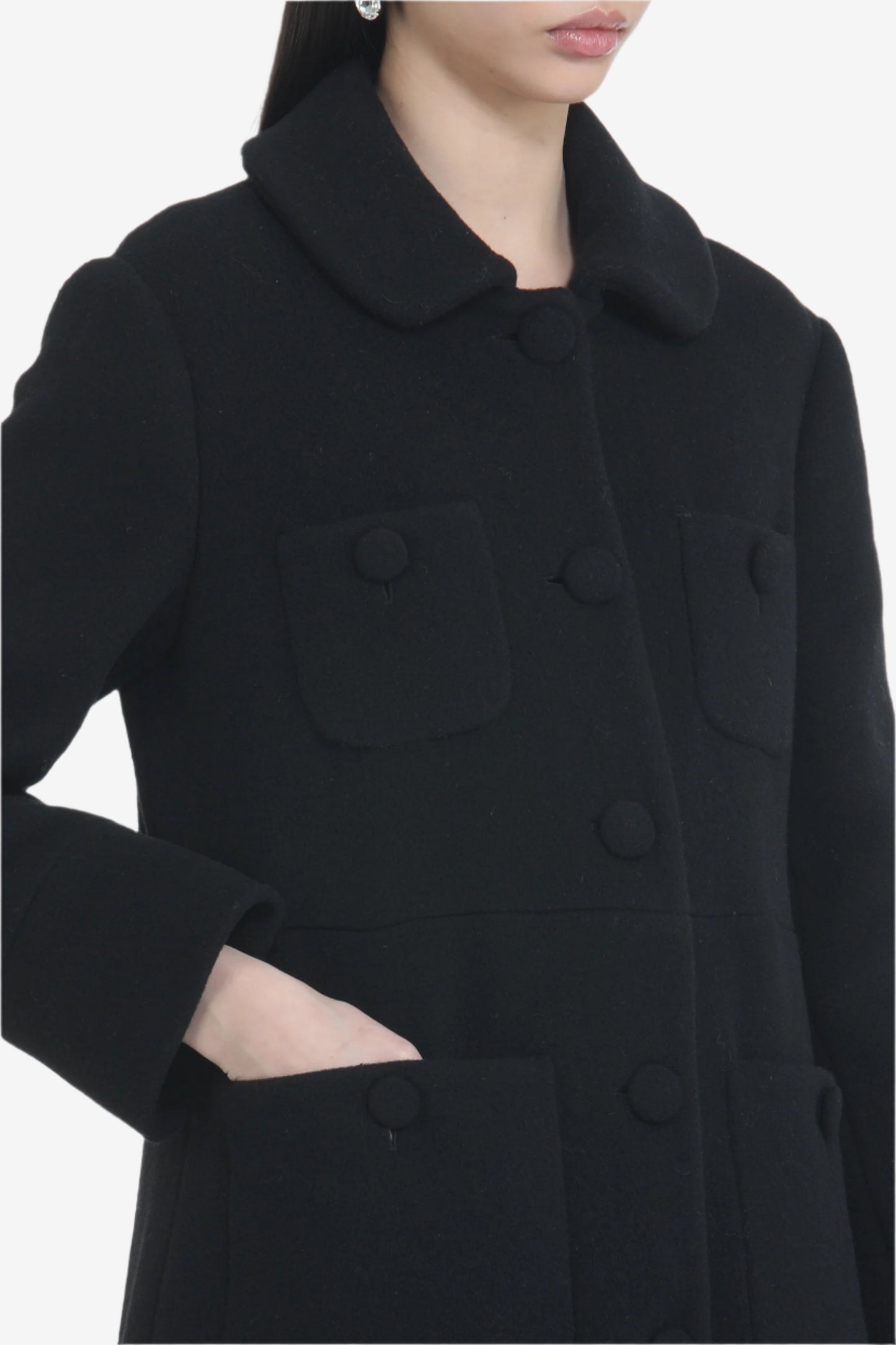 Women's elegant long black coat with high collar