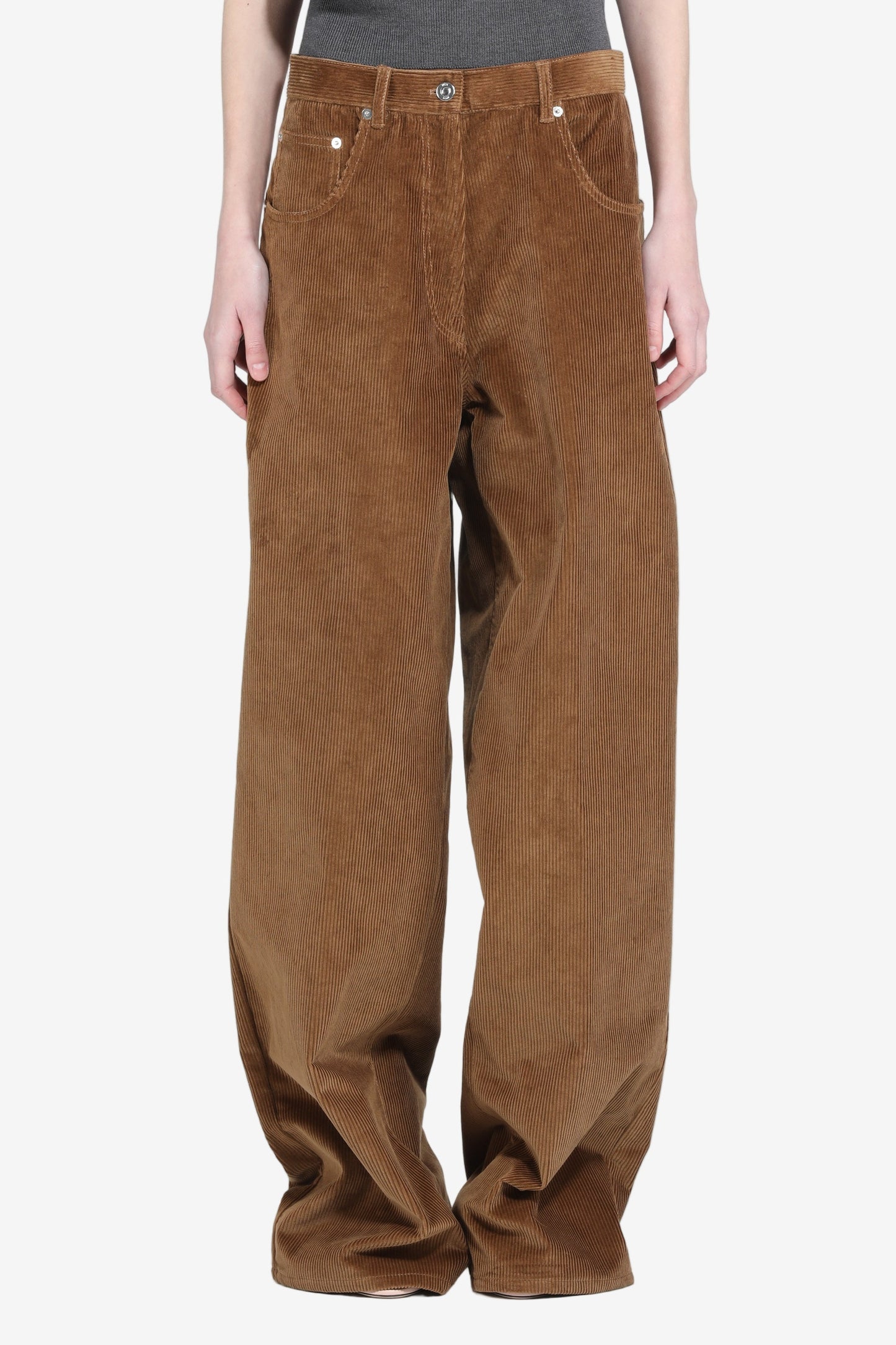 Women's brown high-waist wide-leg corduroy trousers