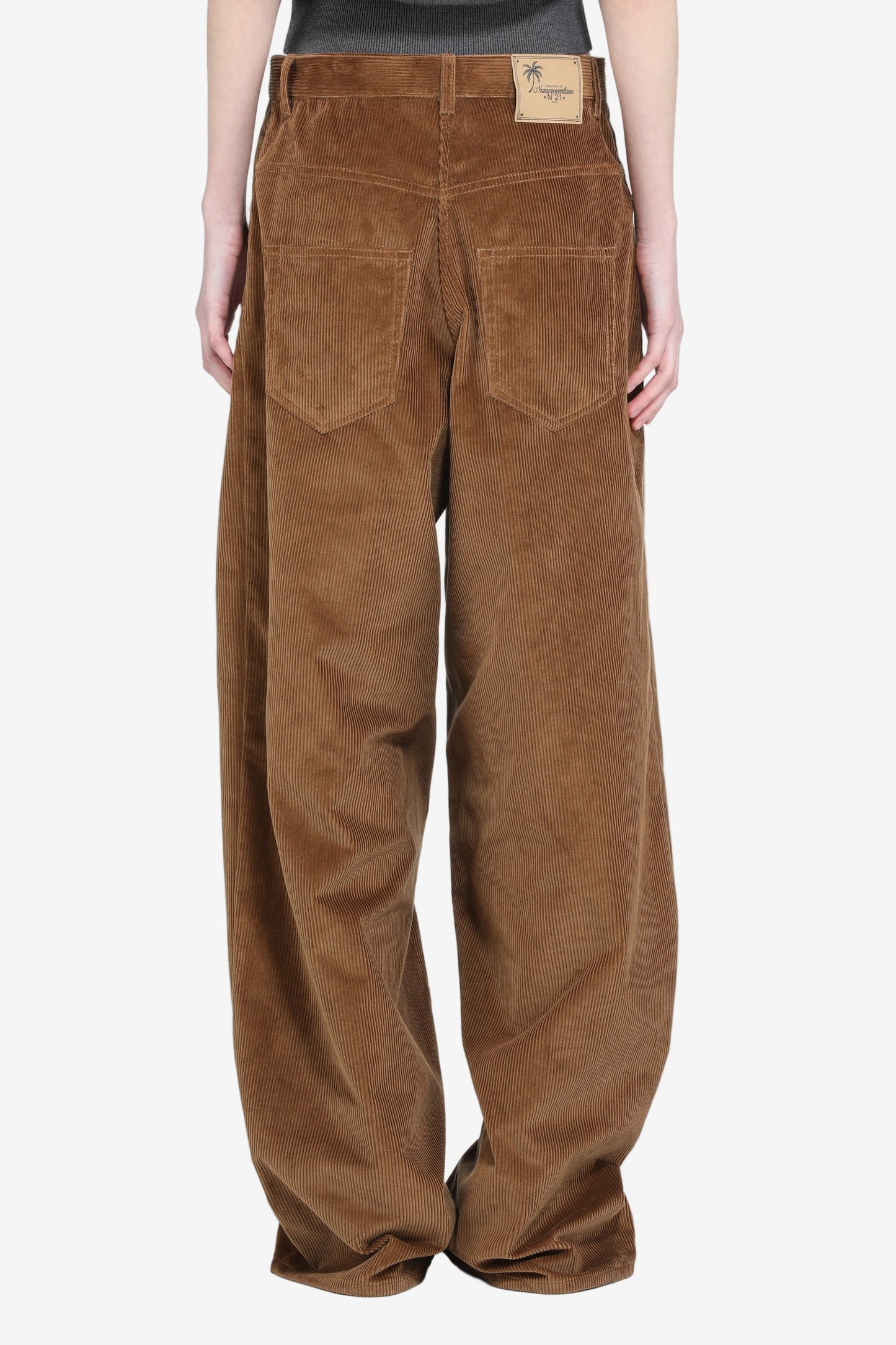 Women's brown high-waist wide-leg corduroy trousers