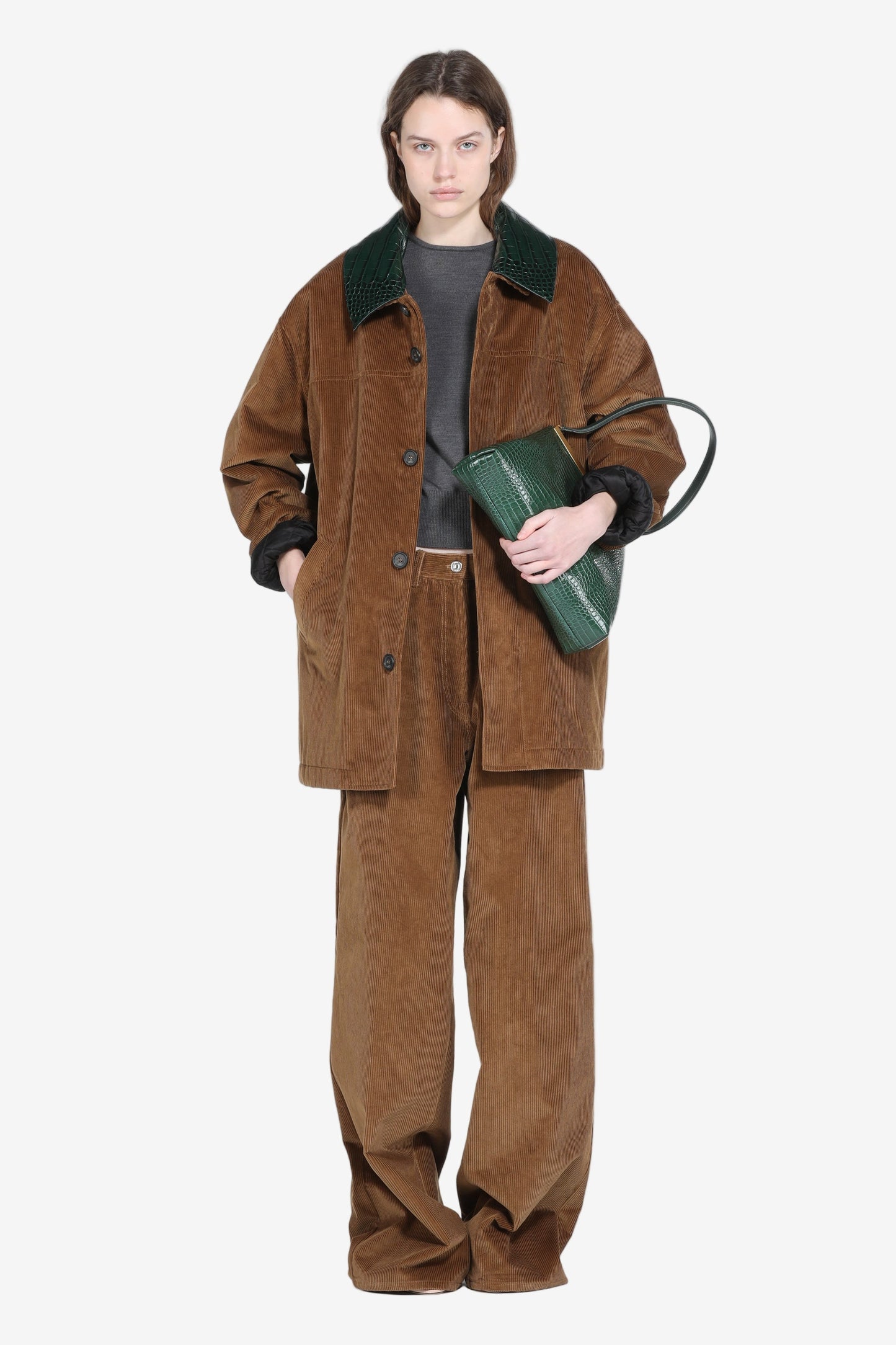 Women's brown high-waist wide-leg corduroy trousers