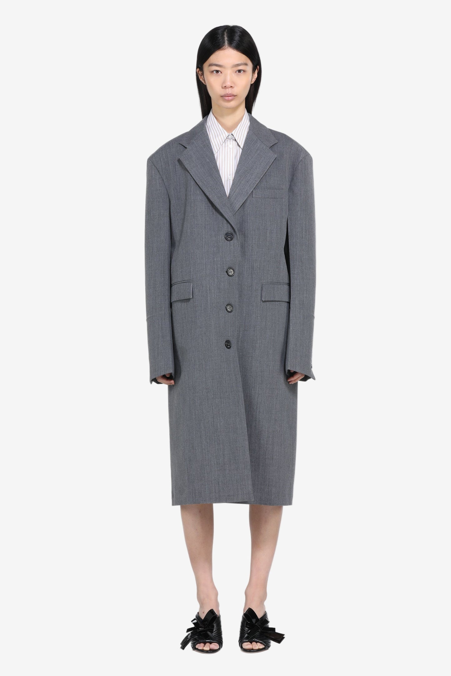 Women's gray pinstripe oversized double-breasted coat