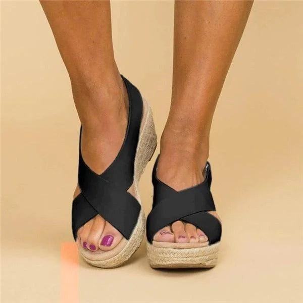 Women's cross-strap wedge sandals with back strap