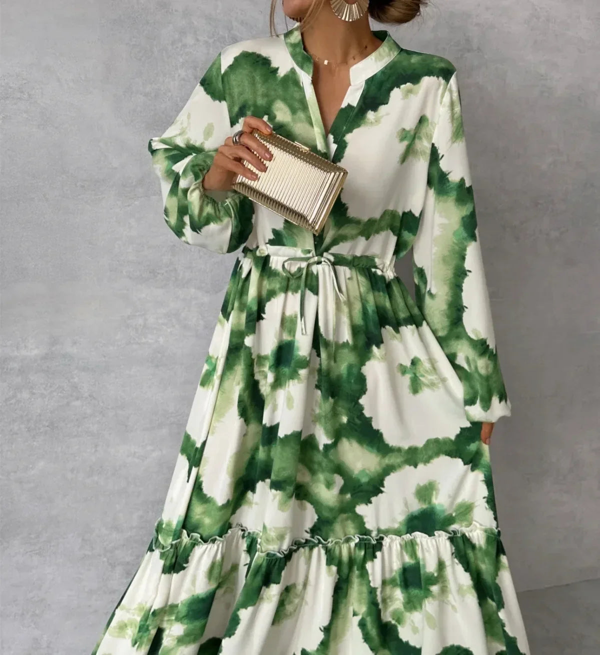 Women's long printed dress with flared sleeves