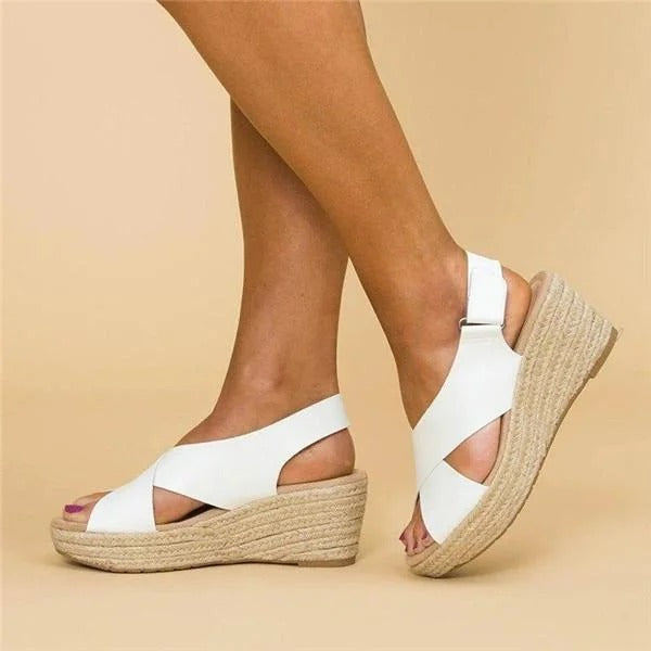 Women's cross-strap wedge sandals with back strap