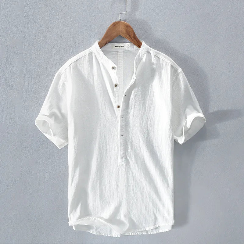 Men's short-sleeve shirt with standing collar and button placket
