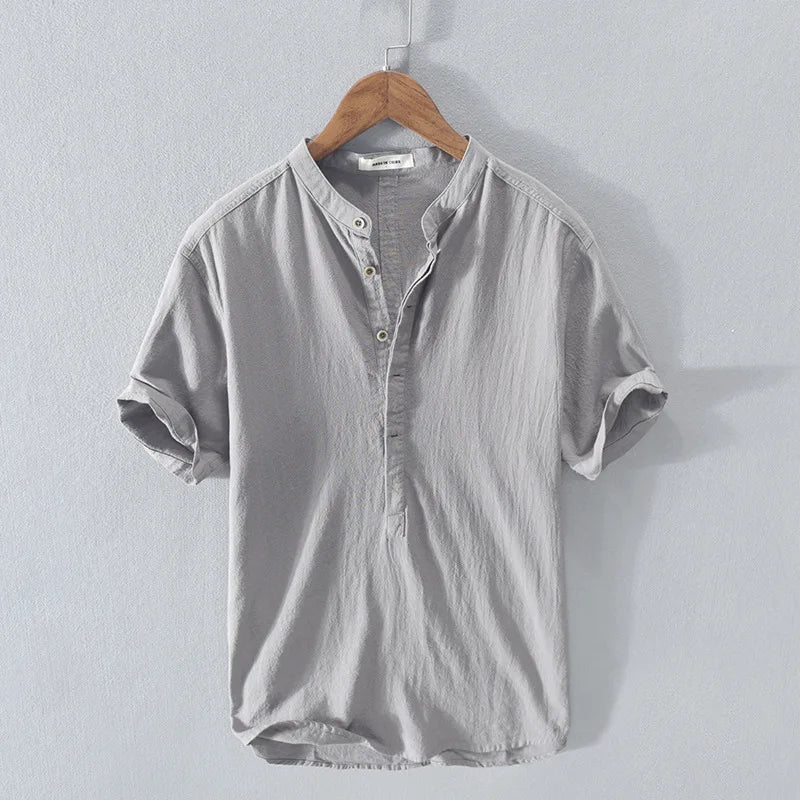 Men's short-sleeve shirt with standing collar and button placket