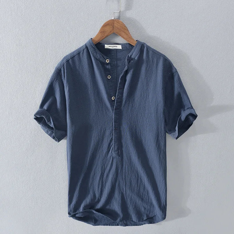 Men's short-sleeve shirt with standing collar and button placket