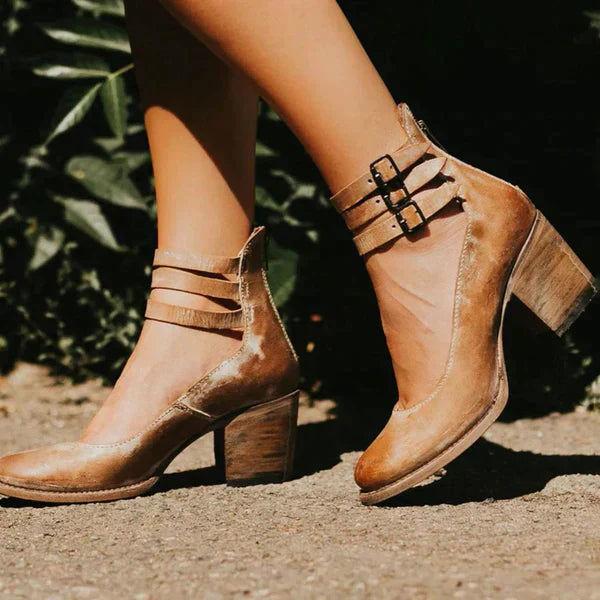 Women's block heel shoes with ankle straps and side zipper