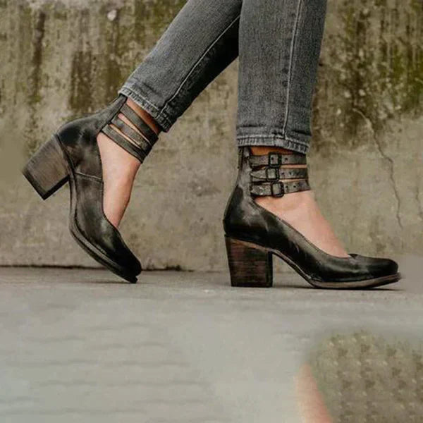 Women's block heel shoes with ankle straps and side zipper