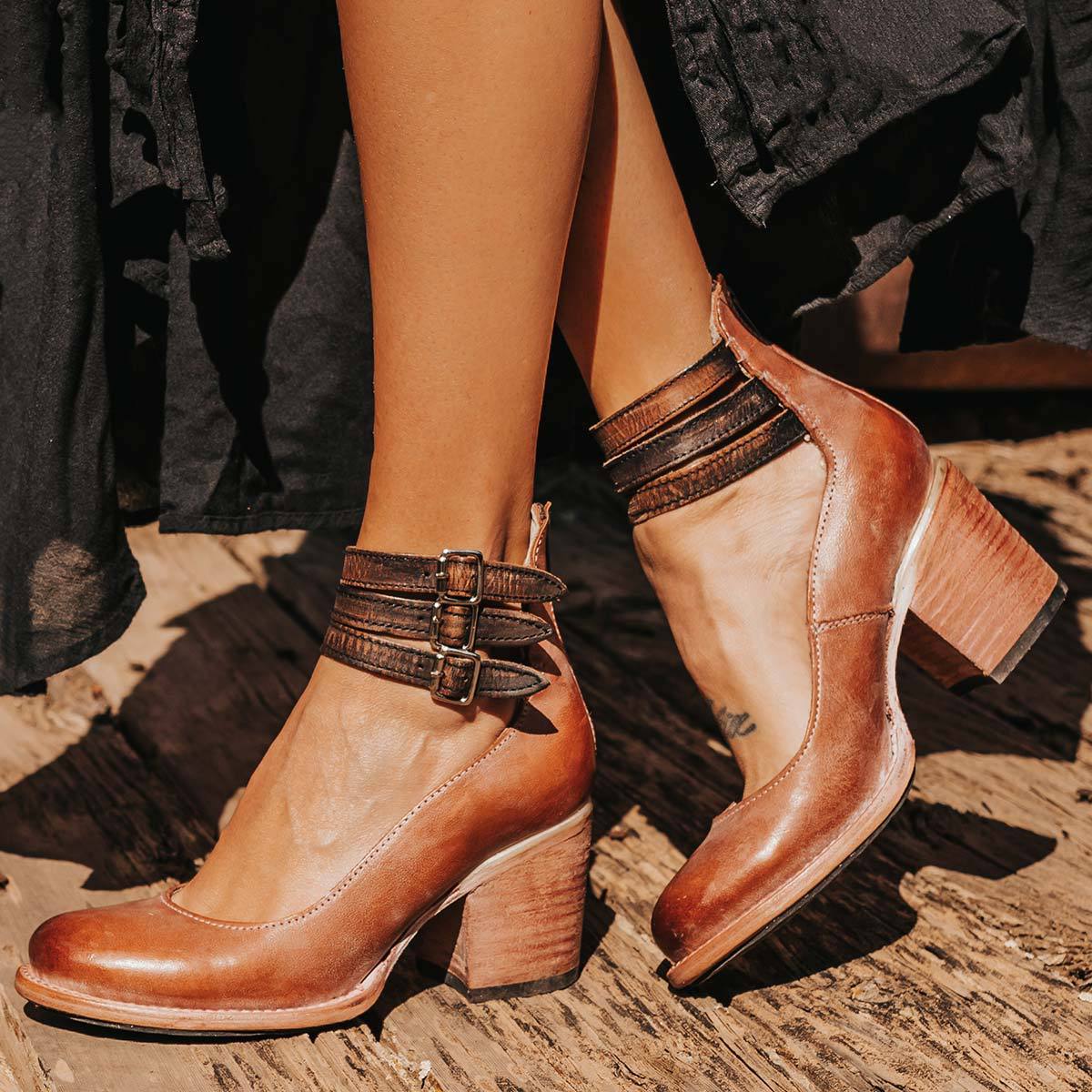 Women's block heel shoes with ankle straps and side zipper