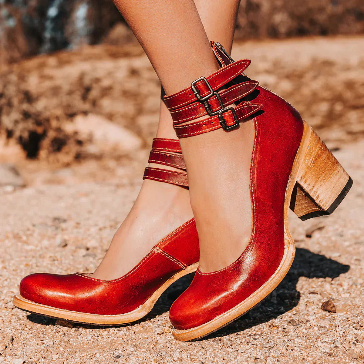 Women's block heel shoes with ankle straps and side zipper