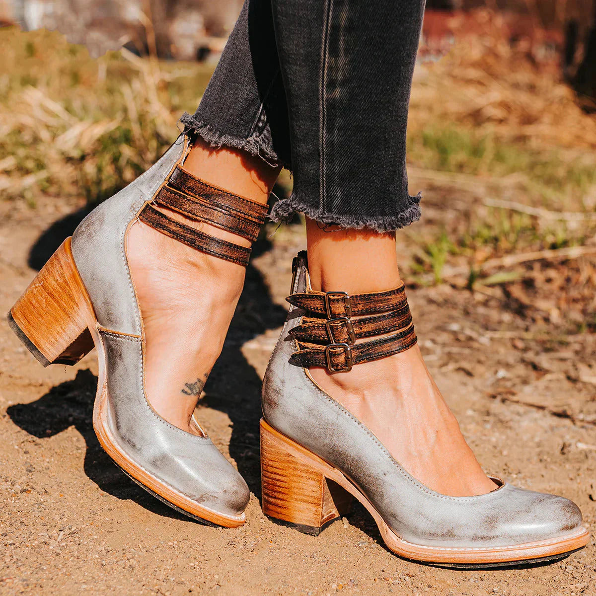 Women's block heel shoes with ankle straps and side zipper