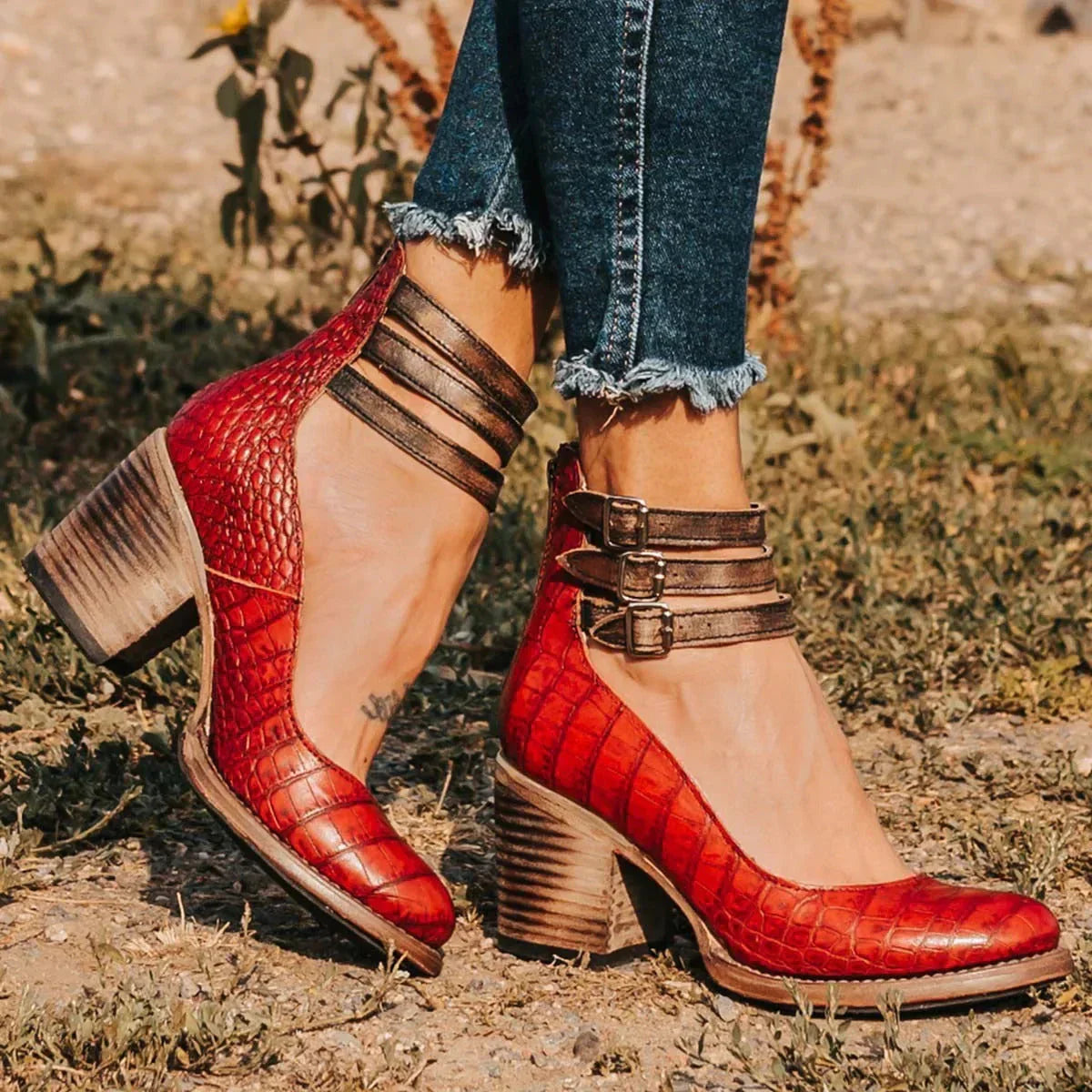 Women's block heel shoes with ankle straps and side zipper