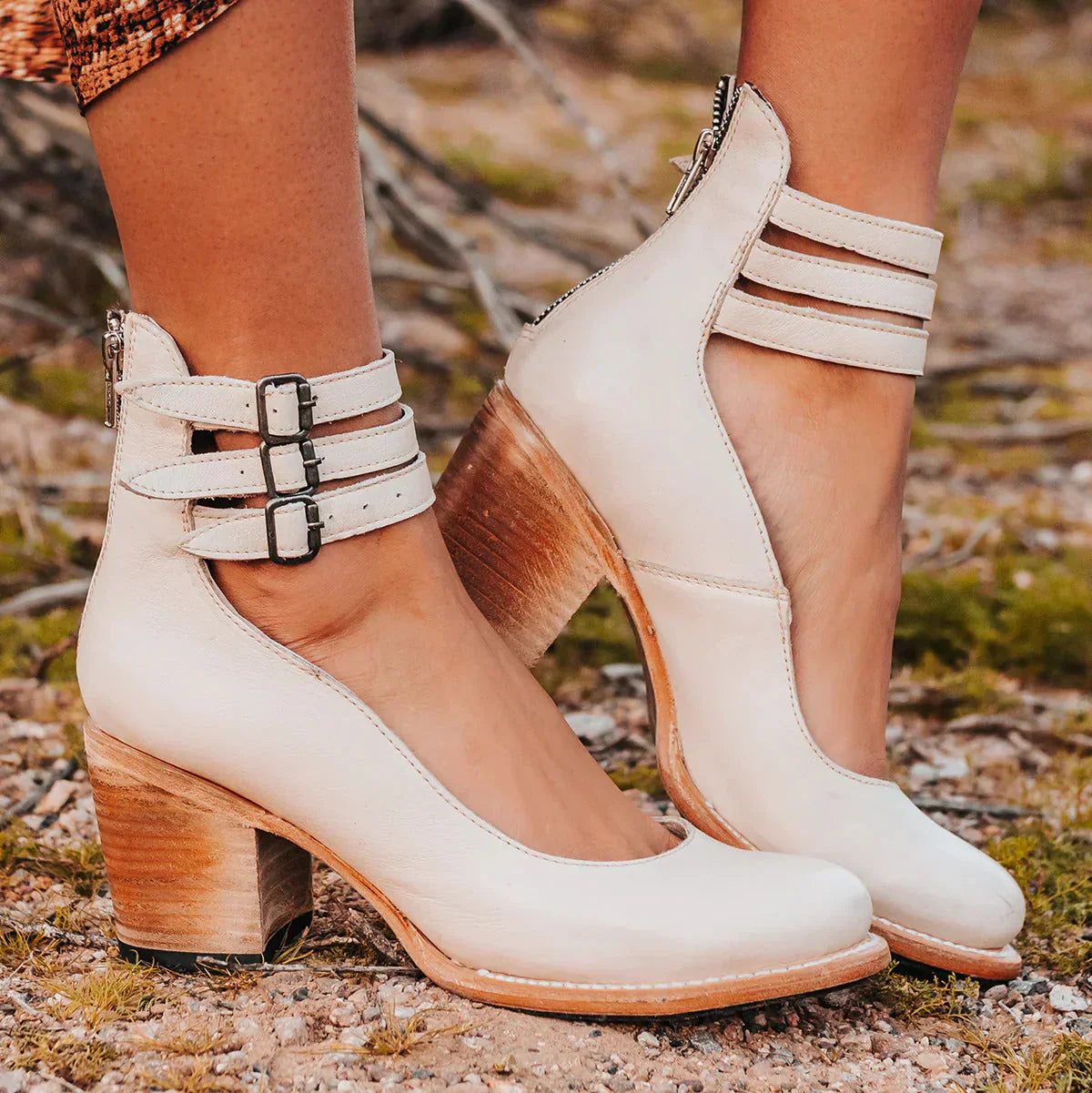 Women's block heel shoes with ankle straps and side zipper
