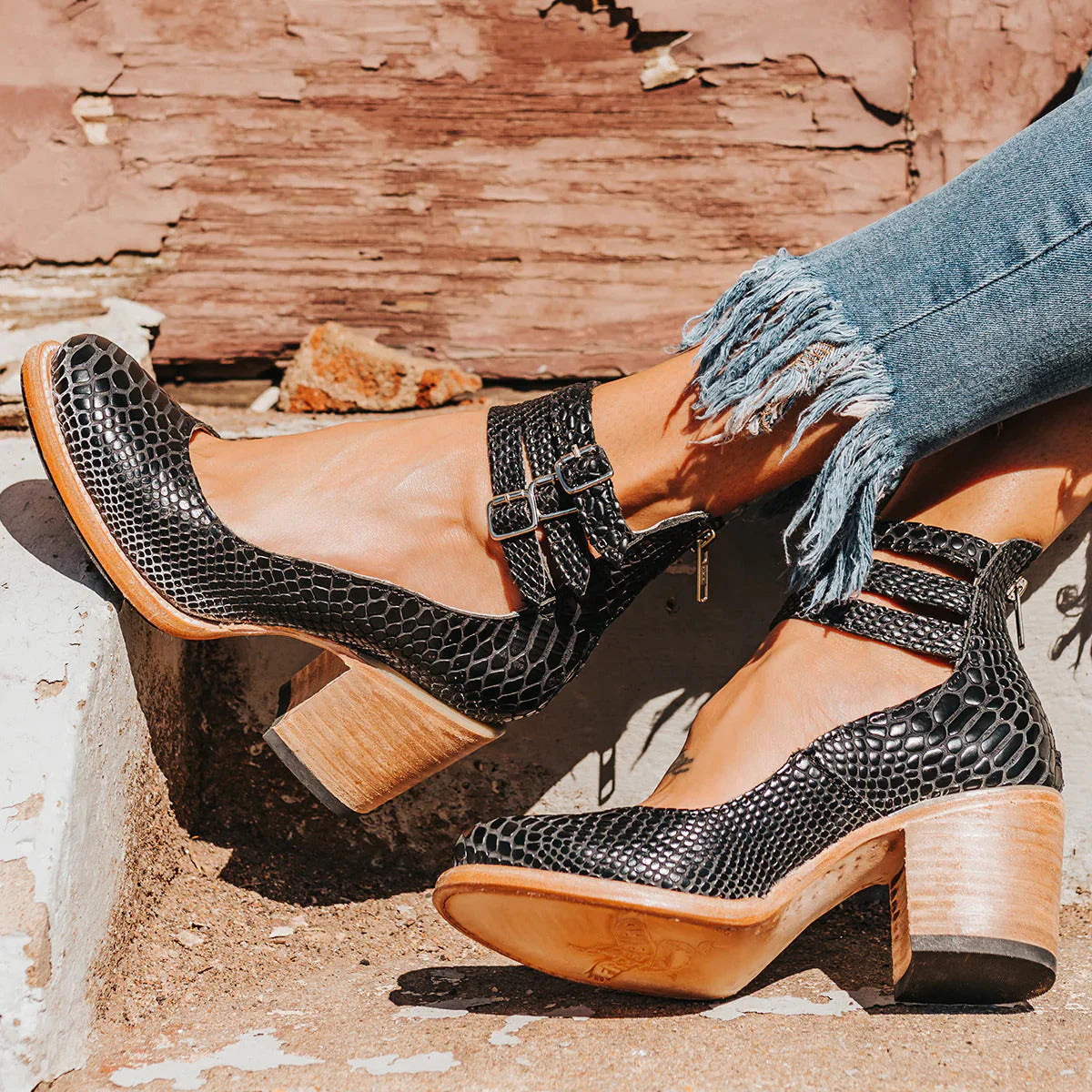 Women's block heel shoes with ankle straps and side zipper