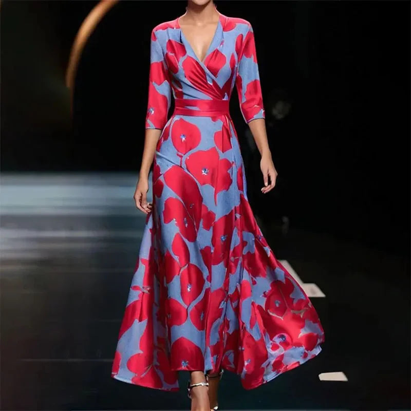 Women's patterned maxi dress with V-neck and short sleeves