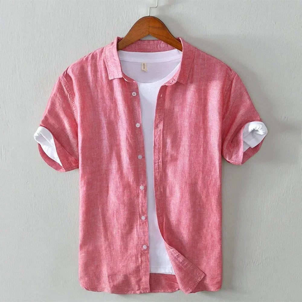 Men's short-sleeve shirt with button placket and turn-down collar
