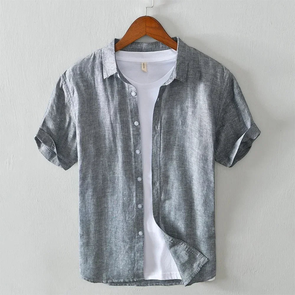 Men's short-sleeve shirt with button placket and turn-down collar