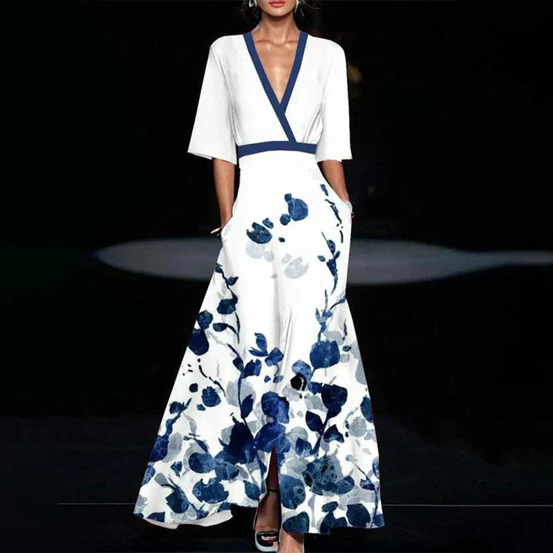 Women's patterned maxi dress with V-neck and short sleeves