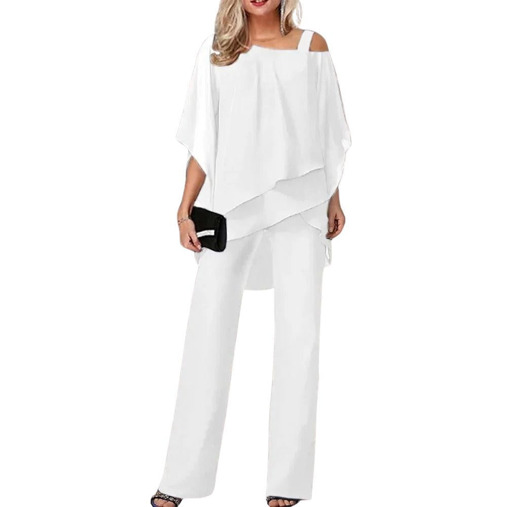 Women's two-piece pantsuit with asymmetric top