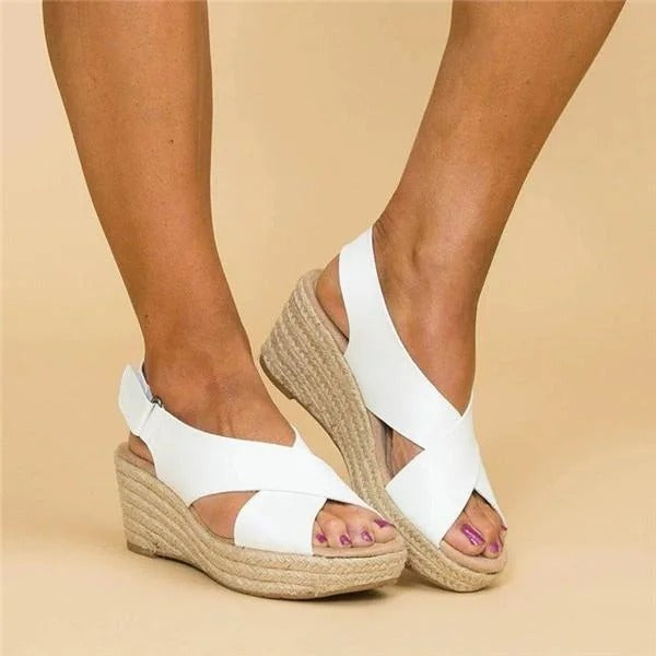Women's cross-strap wedge sandals with back strap