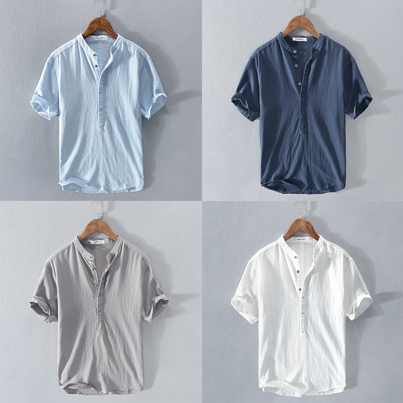 Men's short-sleeve shirt with standing collar and button placket