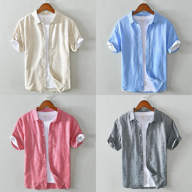 Men's short-sleeve shirt with button placket and turn-down collar