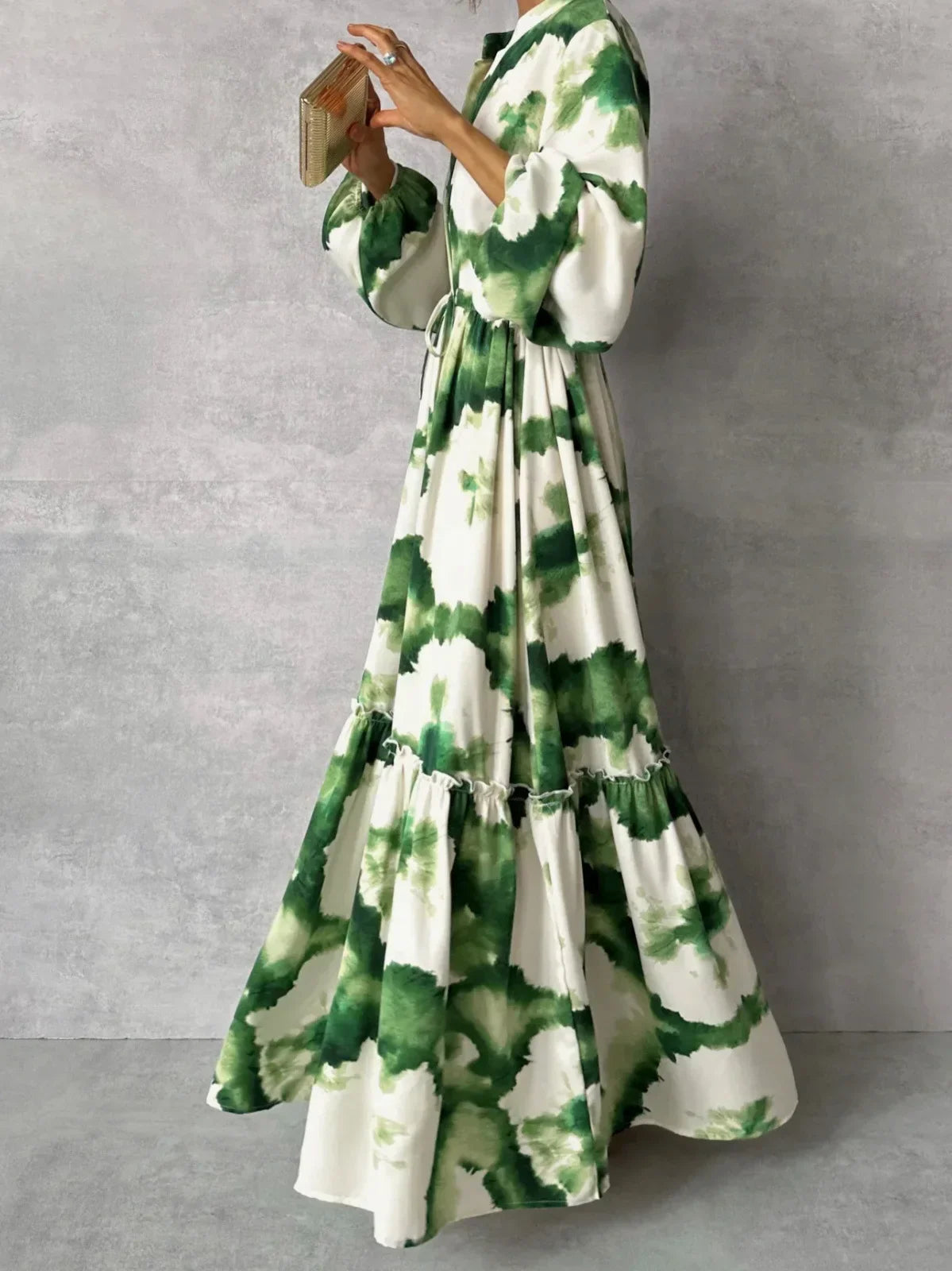 Women's long printed dress with flared sleeves