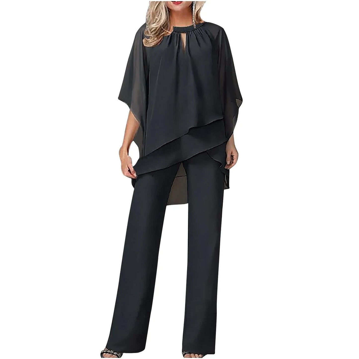 Women's two-piece pantsuit with asymmetric top