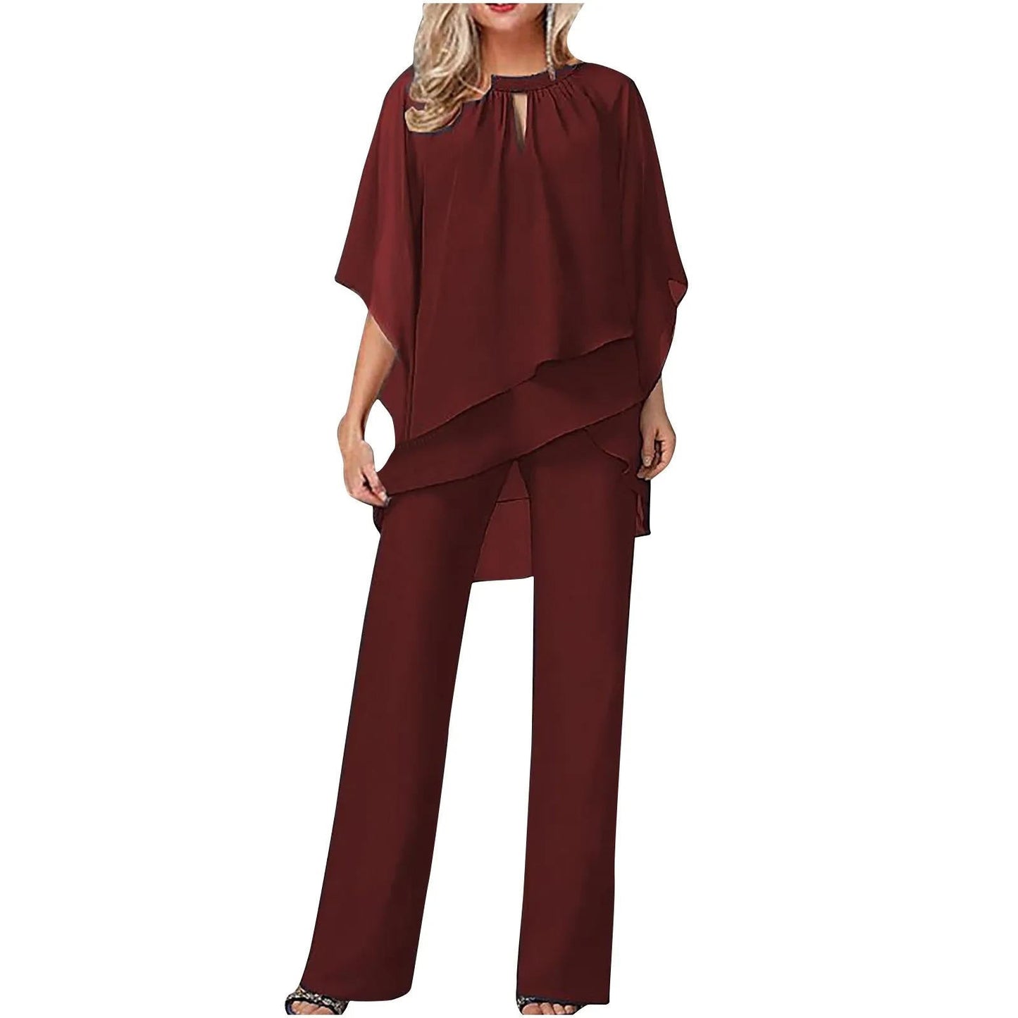 Women's two-piece pantsuit with asymmetric top