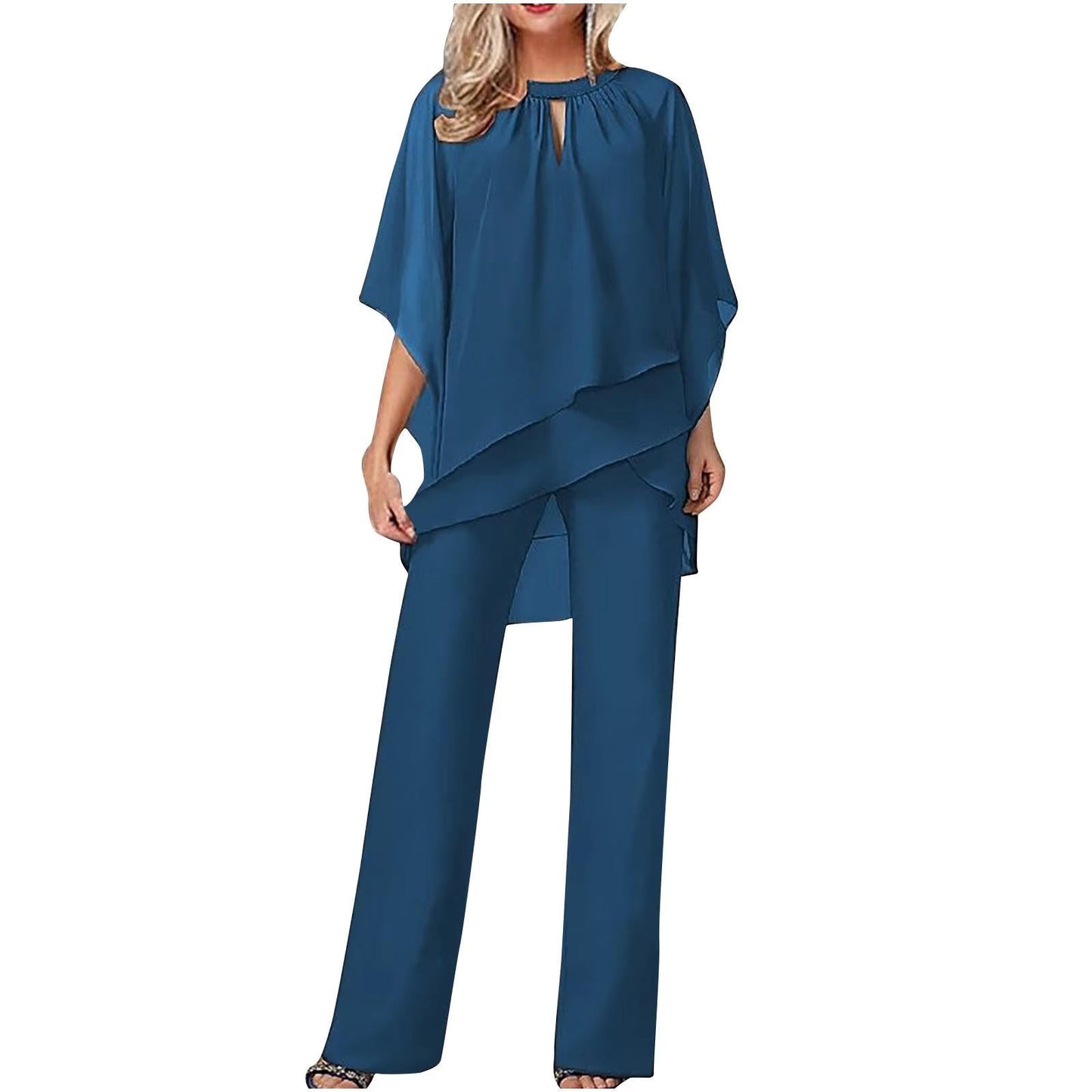 Women's two-piece pantsuit with asymmetric top