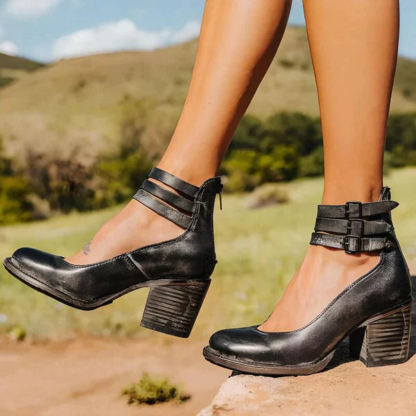 Women's block heel shoes with ankle straps and side zipper