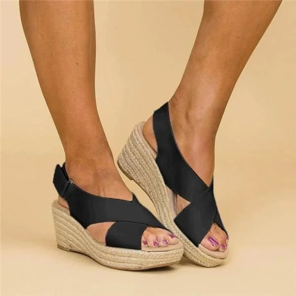 Women's cross-strap wedge sandals with back strap
