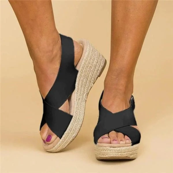 Women's cross-strap wedge sandals with back strap