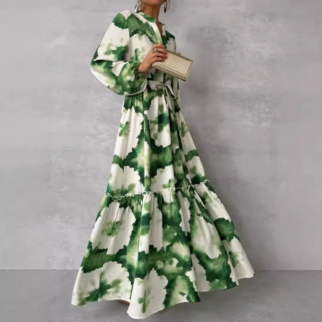 Women's long printed dress with flared sleeves