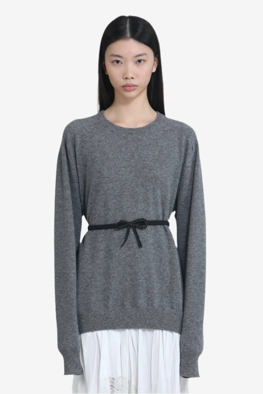 Women's gray knit dress with waist belt