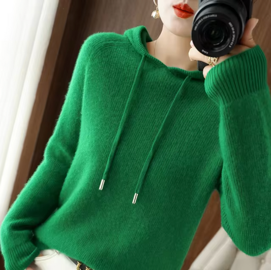 Women's hooded knitted sweater with drawstring