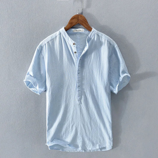 Men's short-sleeve shirt with standing collar and button placket
