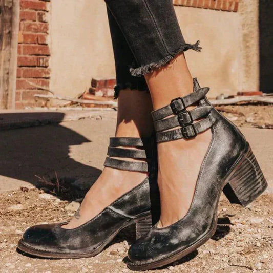 Women's block heel shoes with ankle straps and side zipper