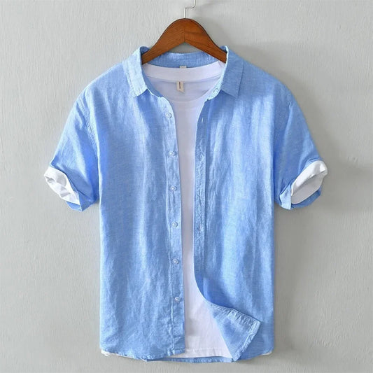 Men's short-sleeve shirt with button placket and turn-down collar