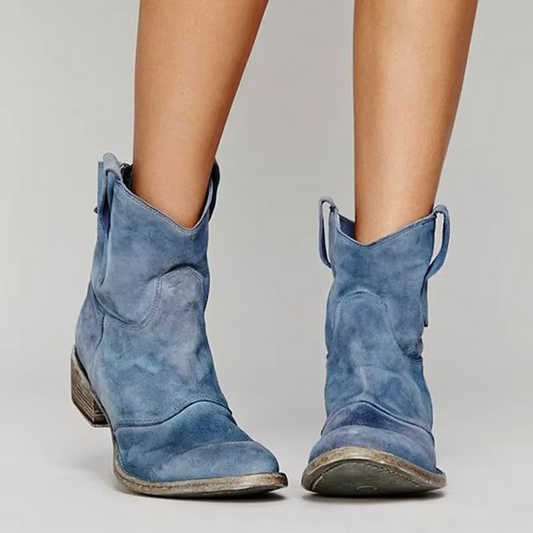 Women's ankle boots with pull-on design and low heel