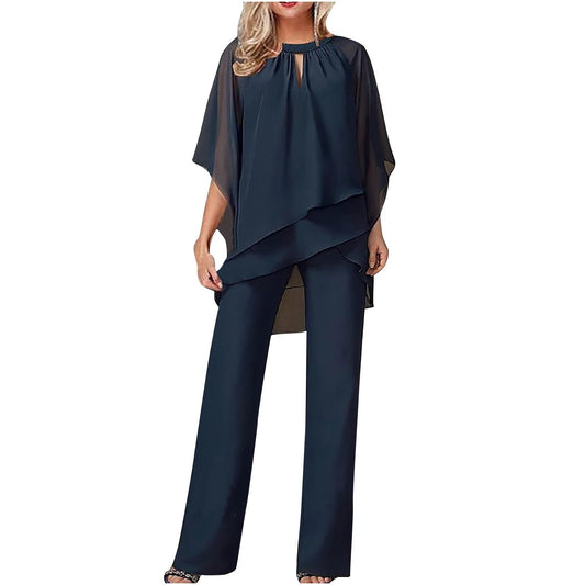 Women's two-piece pantsuit with asymmetric top