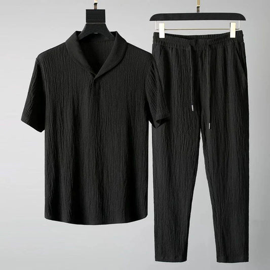 Men's two-piece outfit set with short-sleeve shirt and pants