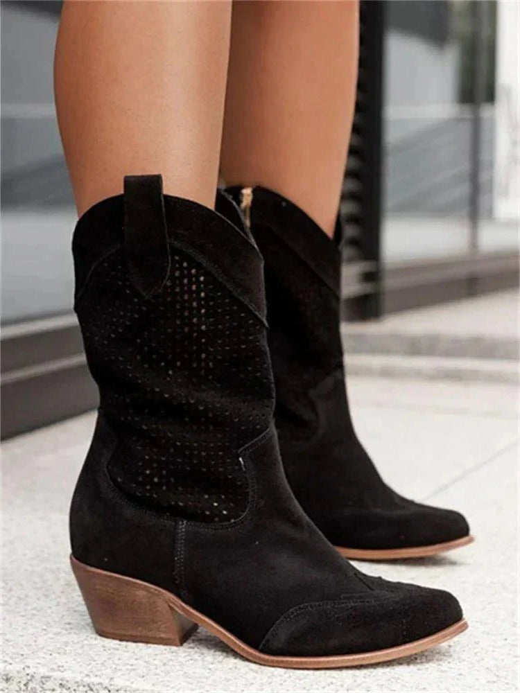 Women's mid-calf boots with perforated design and low heel