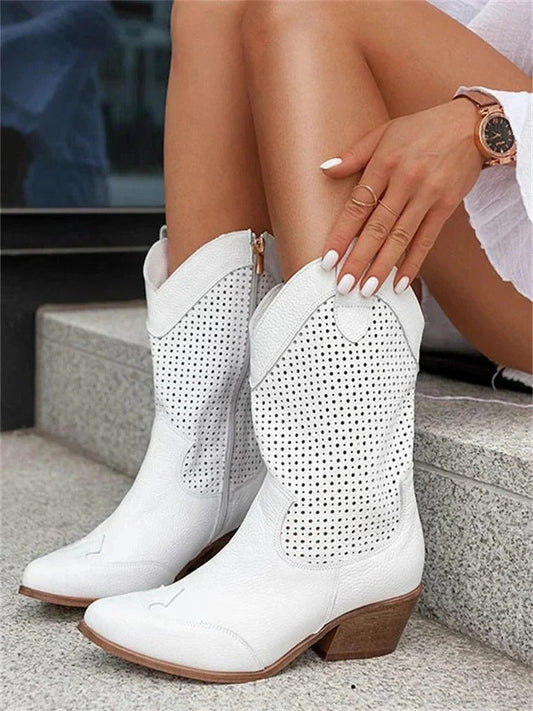 Women's mid-calf boots with perforated design and low heel