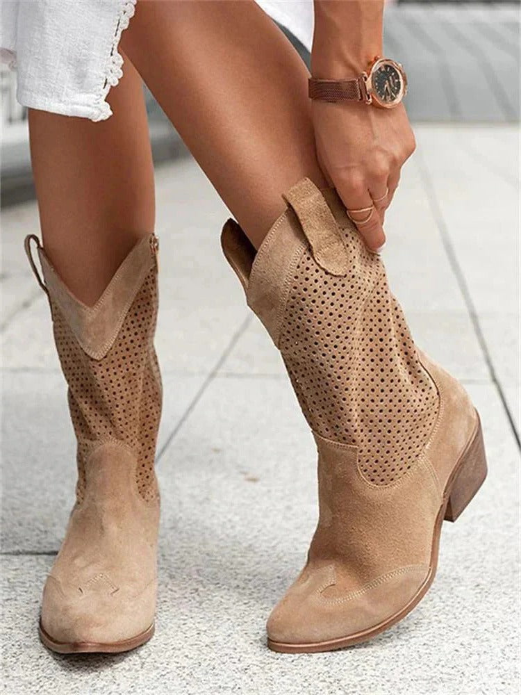 Women's mid-calf boots with perforated design and low heel